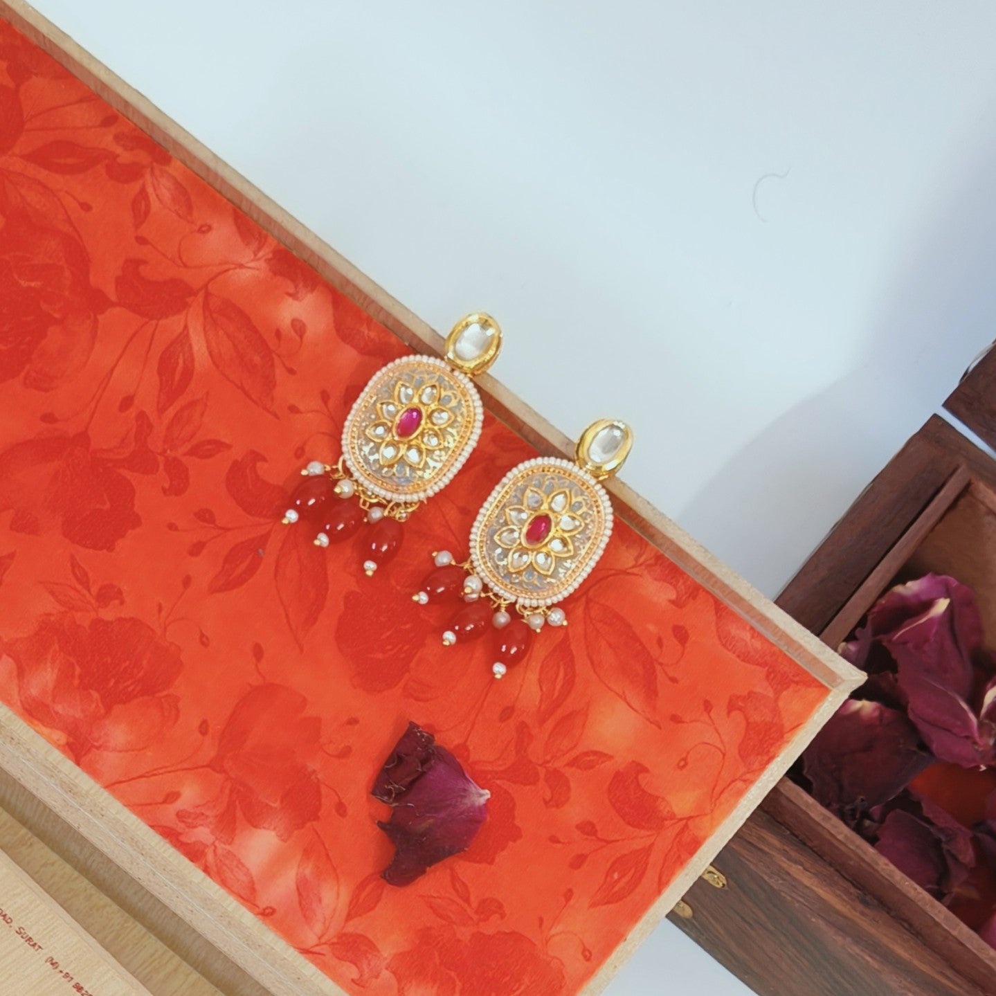 "SANJ" Ivory (Gray) Meenakri Rubi Stone Kundan Studed Red Beded Drop Earrings