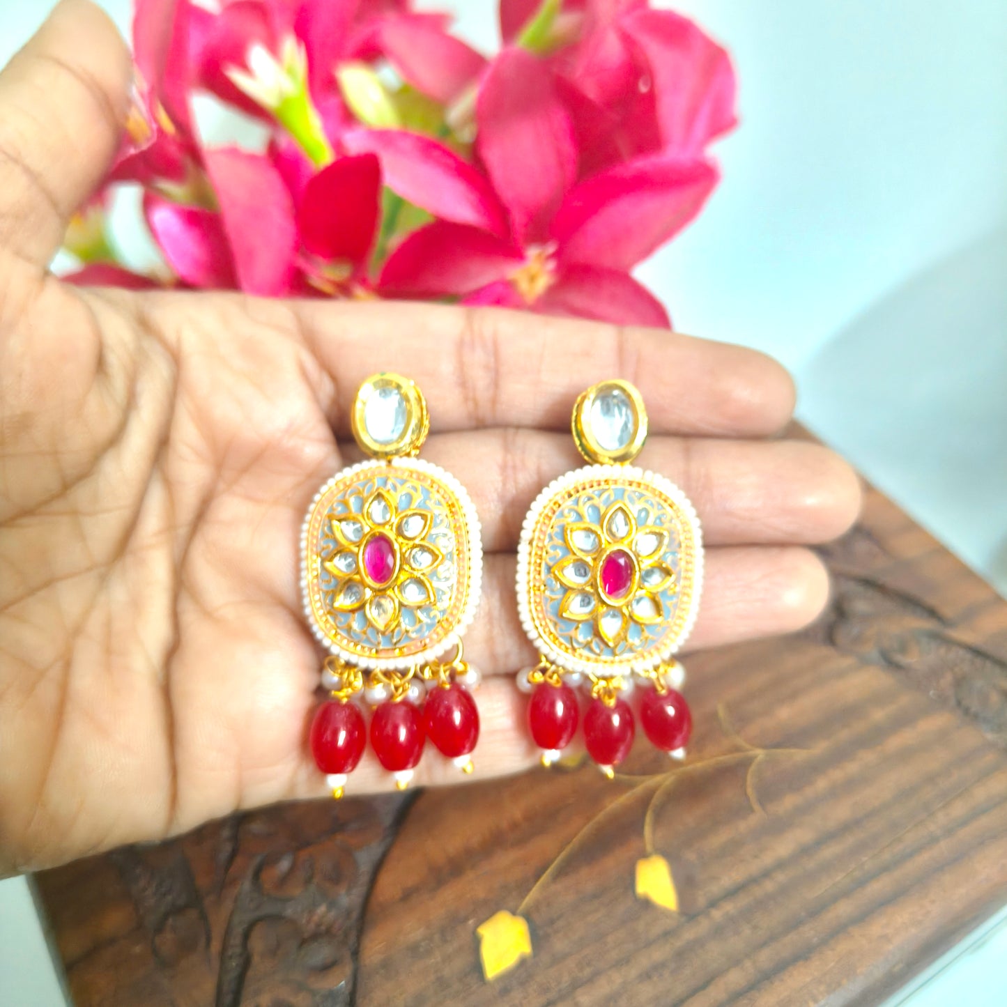 "SANJ" Ivory (Gray) Meenakri Rubi Stone Kundan Studed Red Beded Drop Earrings