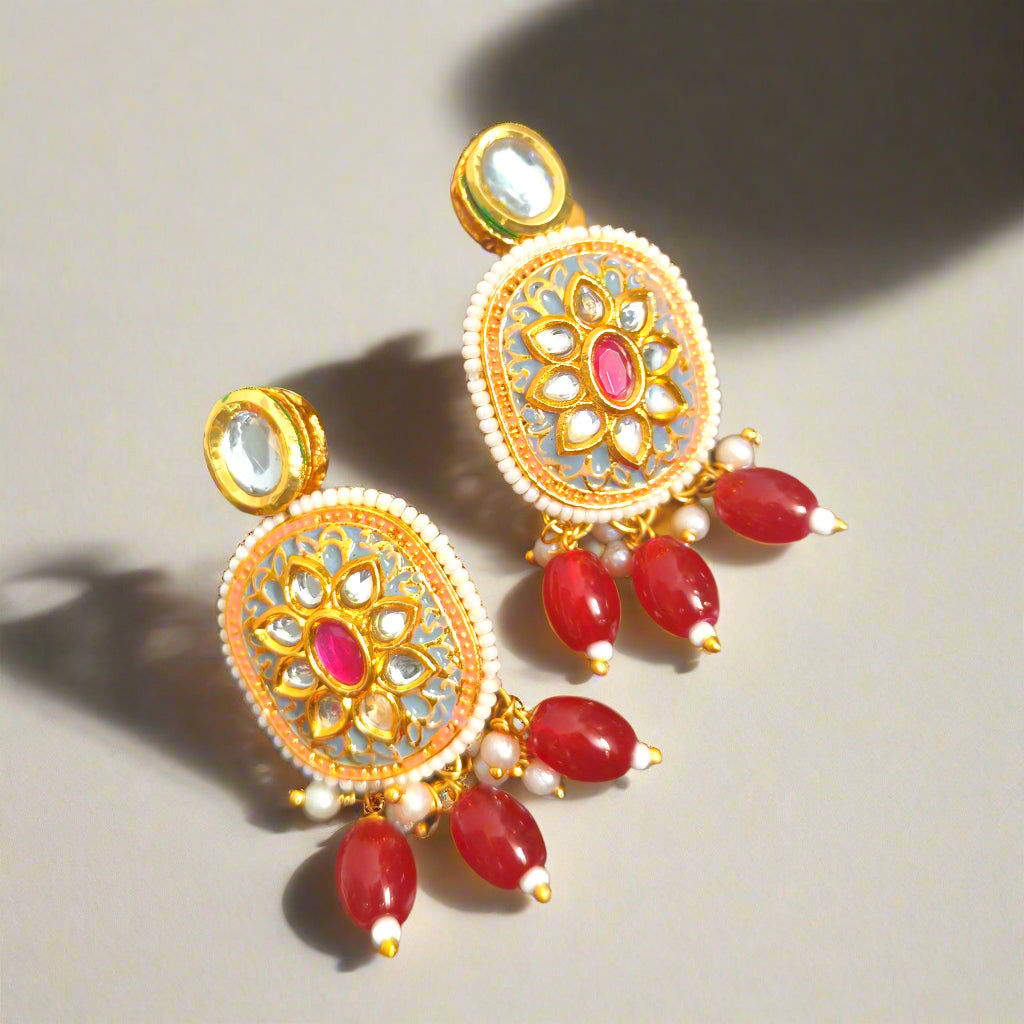 "SANJ" Ivory (Gray) Meenakri Rubi Stone Kundan Studed Red Beded Drop Earrings