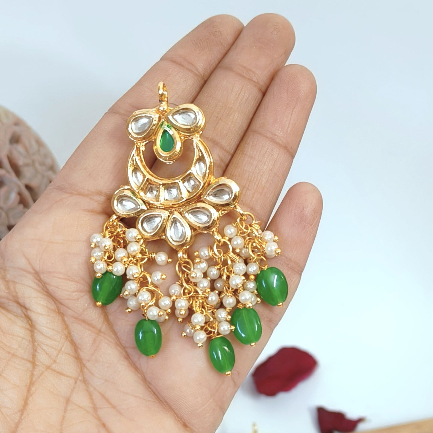 "ANSIKA" Gold Plated Green Kundan Studed & Beaded Chandbali Earrings