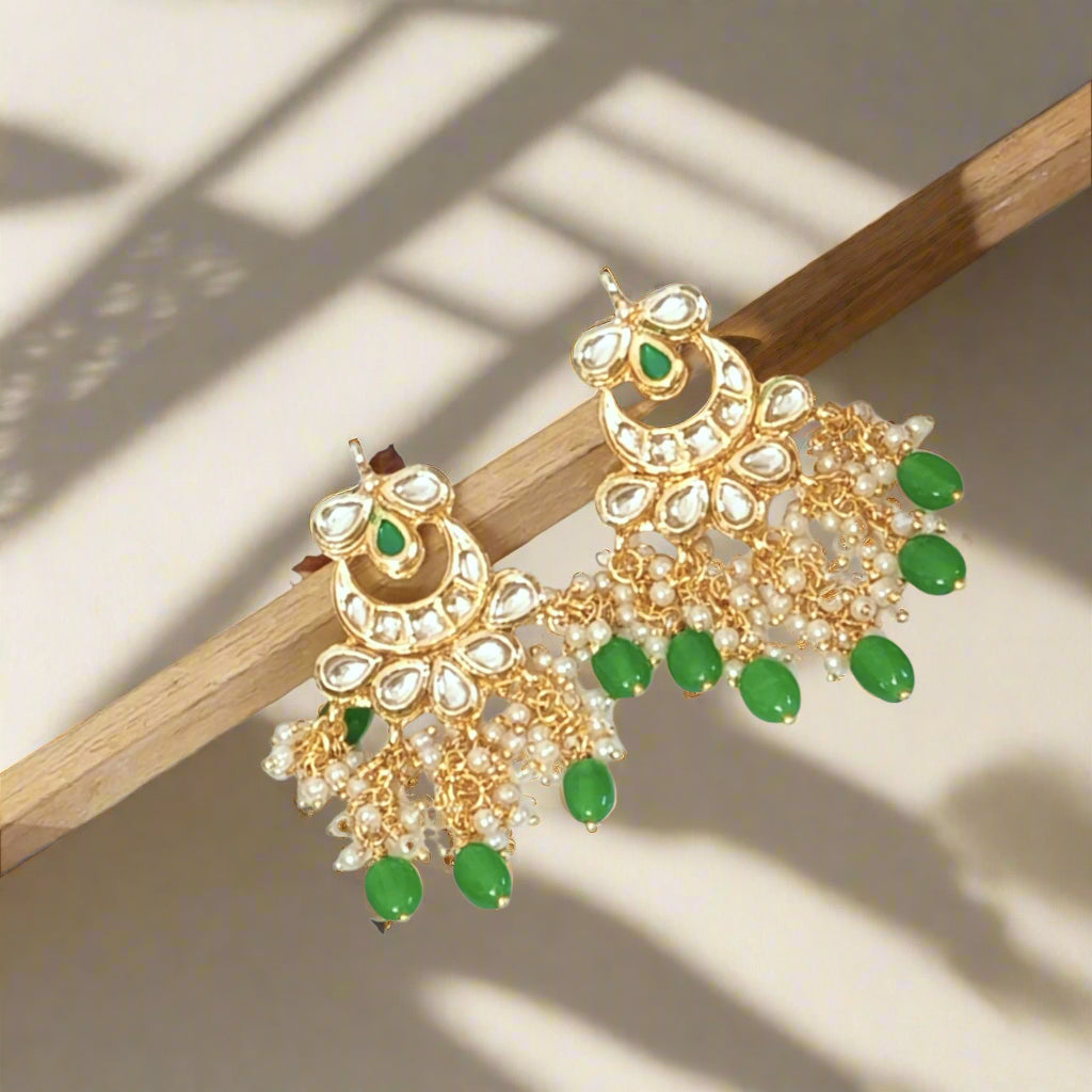 "ANSIKA" Gold Plated Green Kundan Studed & Beaded Chandbali Earrings