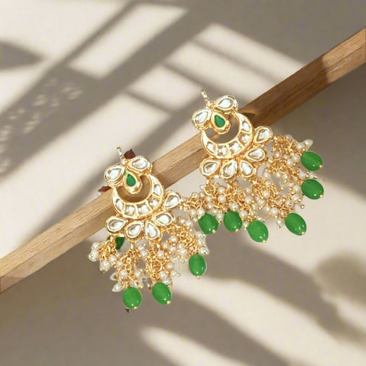 "ANSIKA" Gold Plated Green Kundan Studed & Beaded Chandbali Earrings