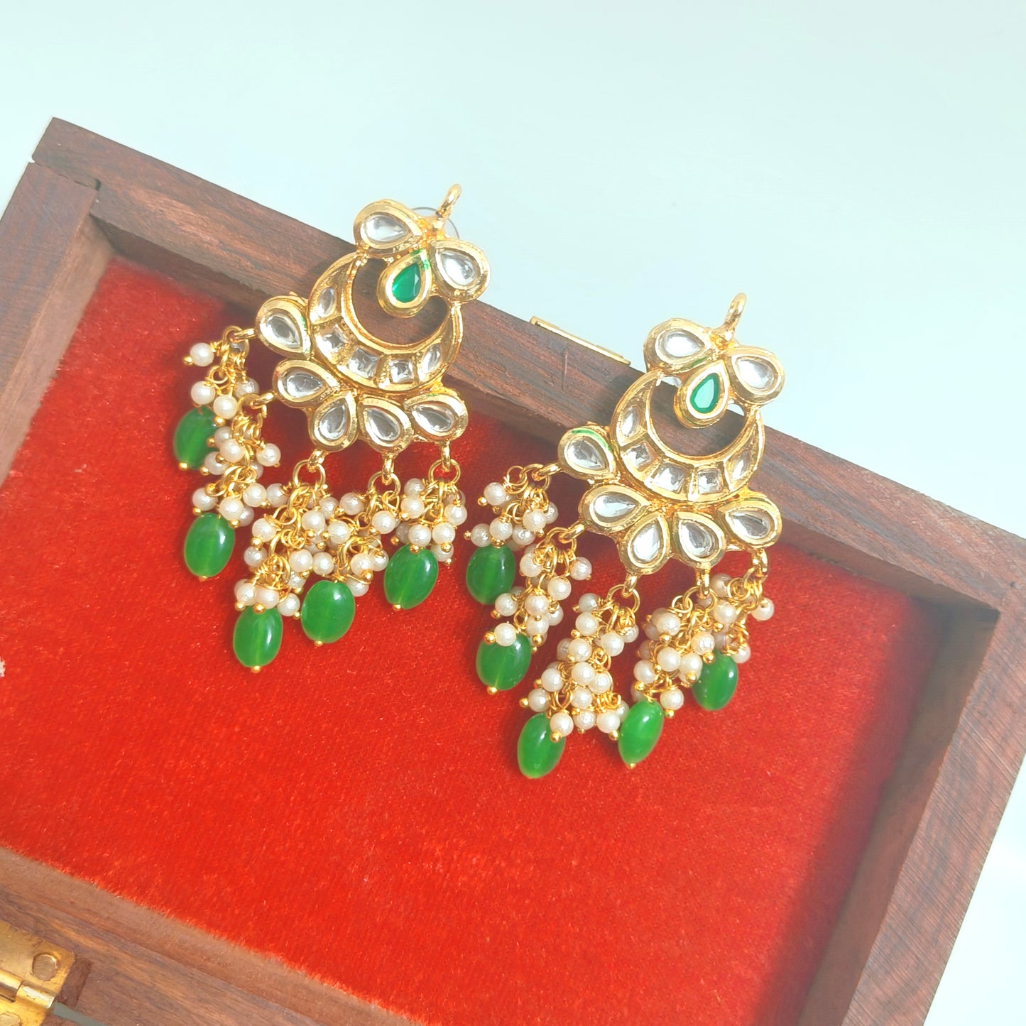 "ANSIKA" Gold Plated Green Kundan Studed & Beaded Chandbali Earrings
