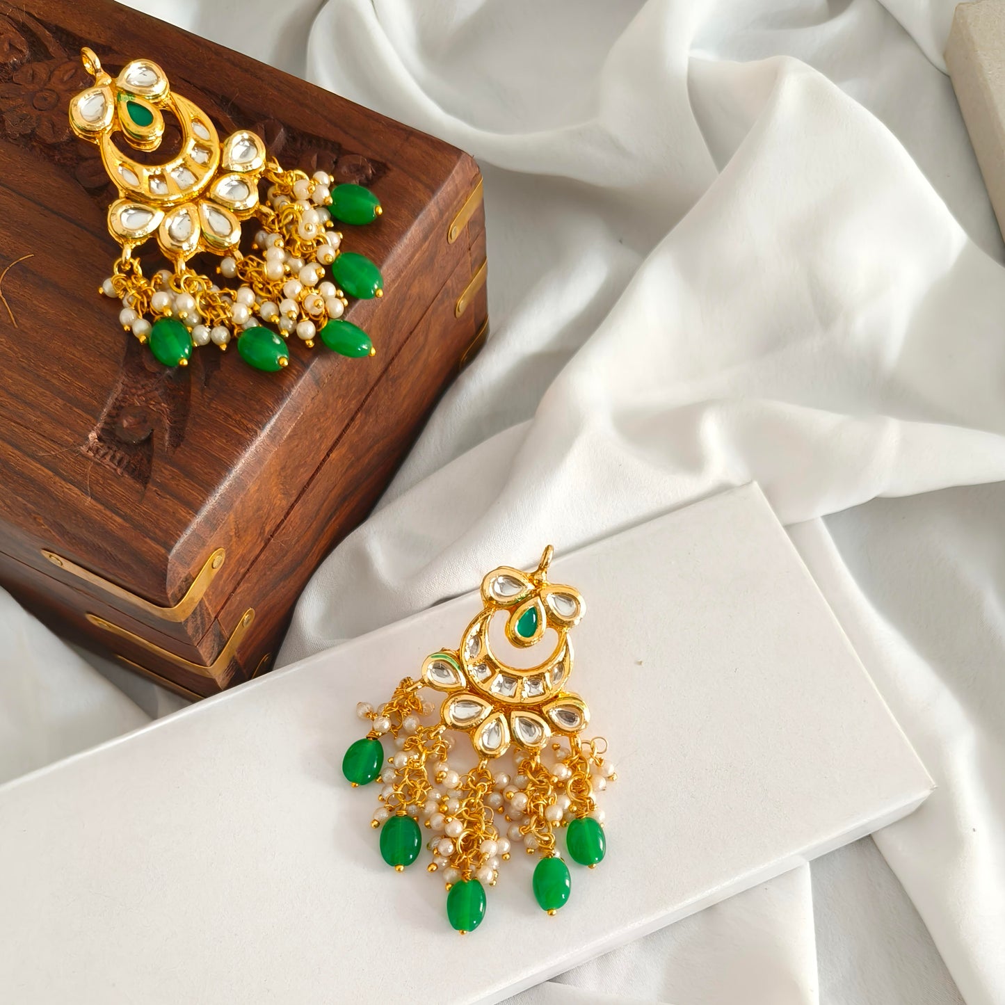 "ANSIKA" Gold Plated Green Kundan Studed & Beaded Chandbali Earrings