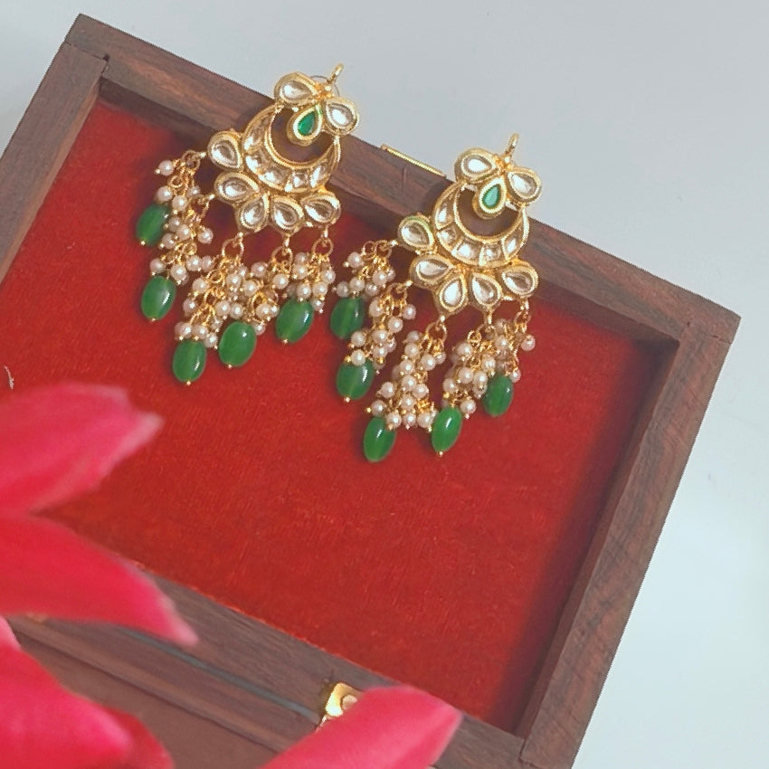 "ANSIKA" Gold Plated Green Kundan Studed & Beaded Chandbali Earrings