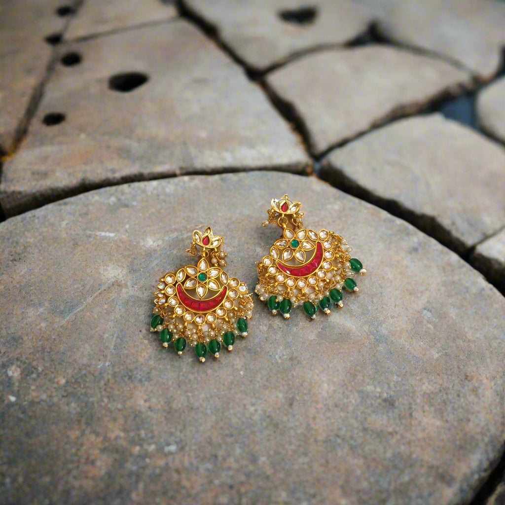 "ANVIKA" Gold Plated Rubi & Emerald Stone Studded Emerald Beaded Chandbali Earrings