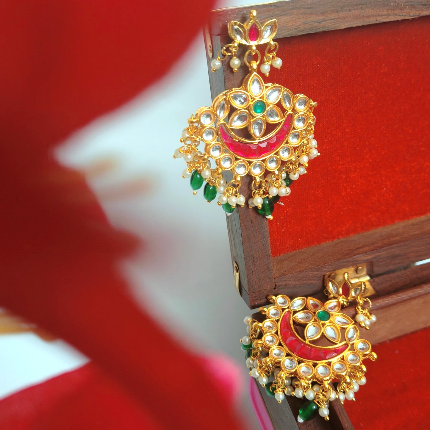 "ANVIKA" Gold Plated Rubi & Emerald Stone Studded Emerald Beaded Chandbali Earrings