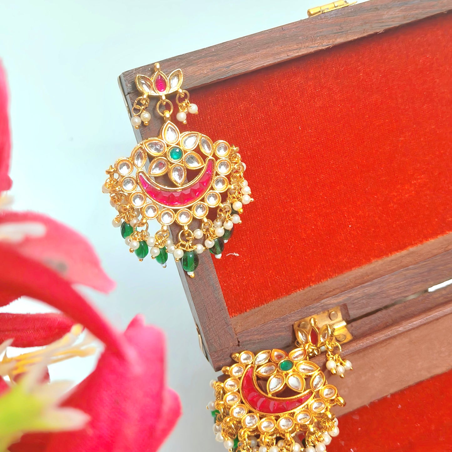 "ANVIKA" Gold Plated Rubi & Emerald Stone Studded Emerald Beaded Chandbali Earrings