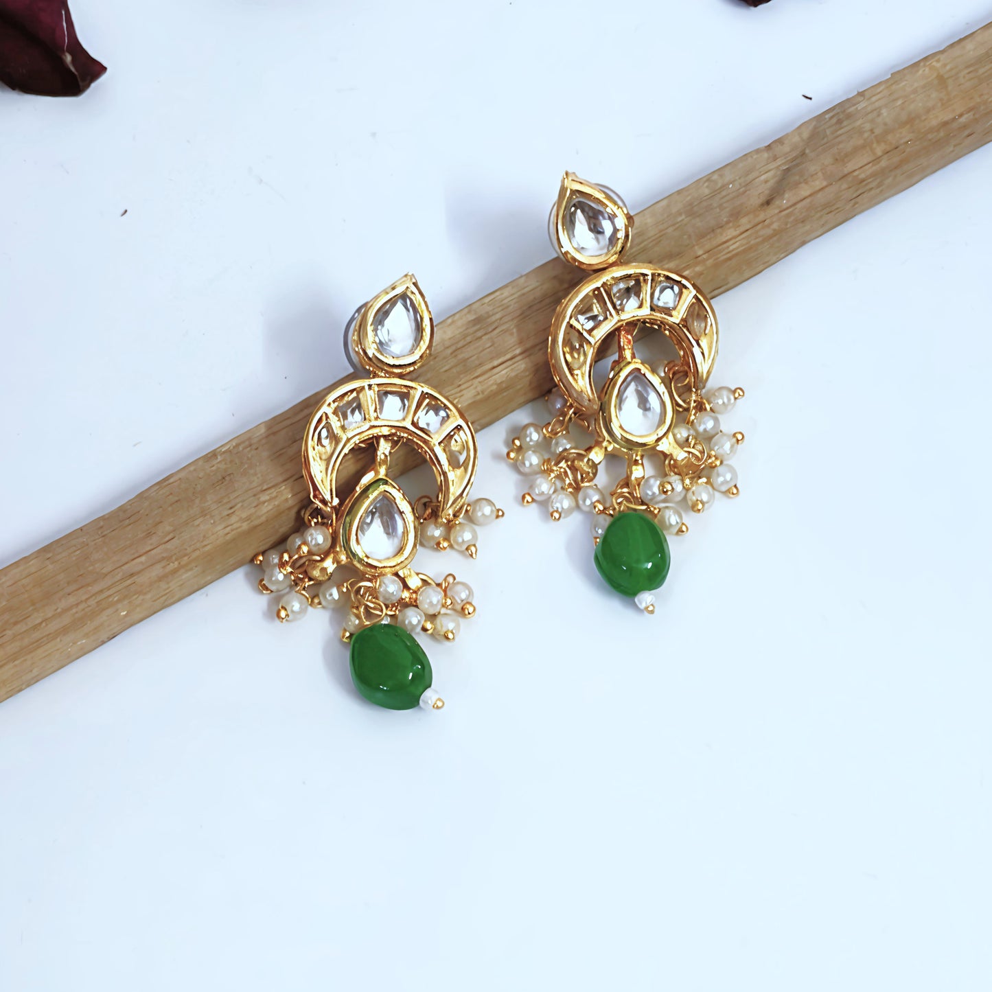 "VANSIKA" Kundan Chand Green Beaded Drop Earrings