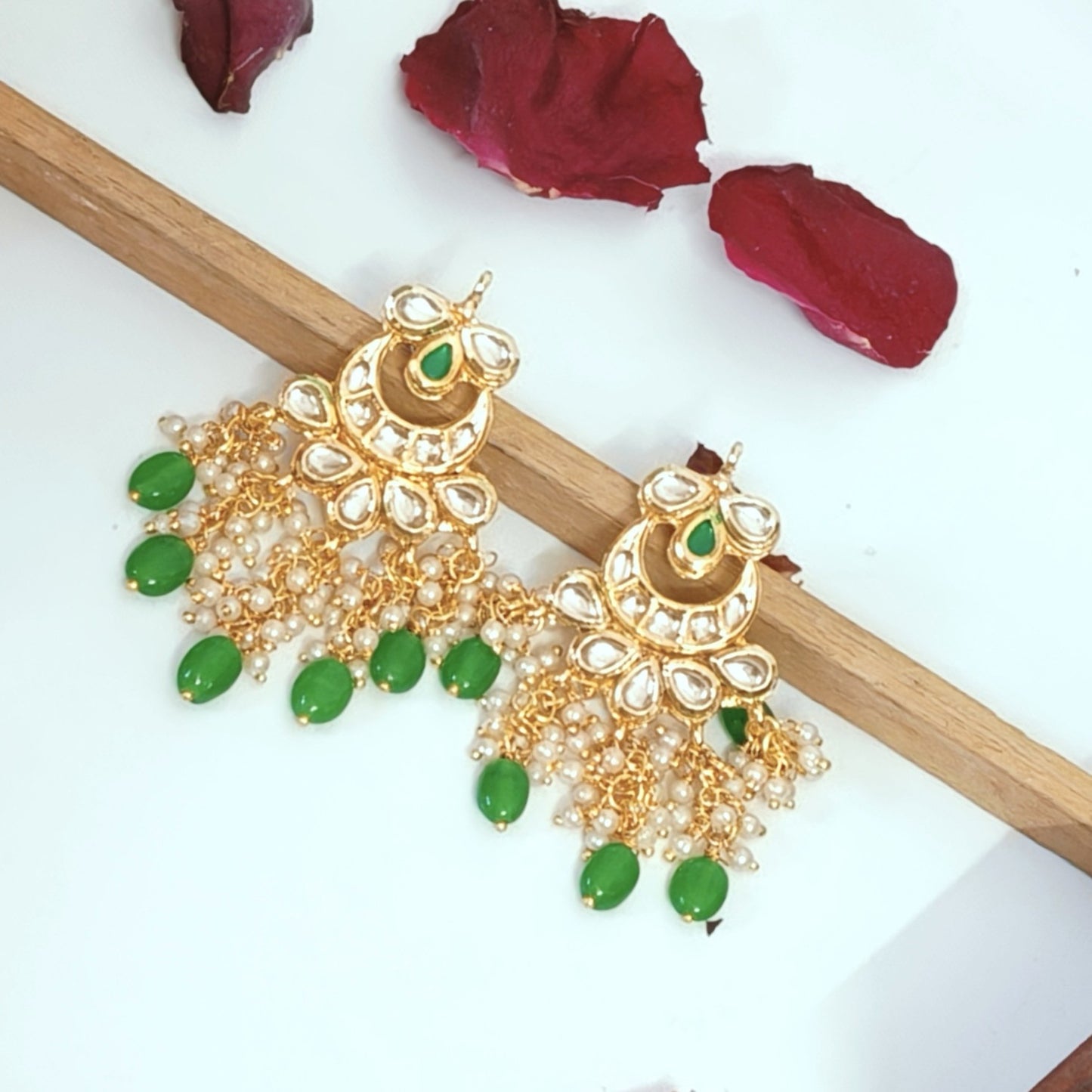 "ANSIKA" Gold Plated Green Kundan Studed & Beaded Chandbali Earrings