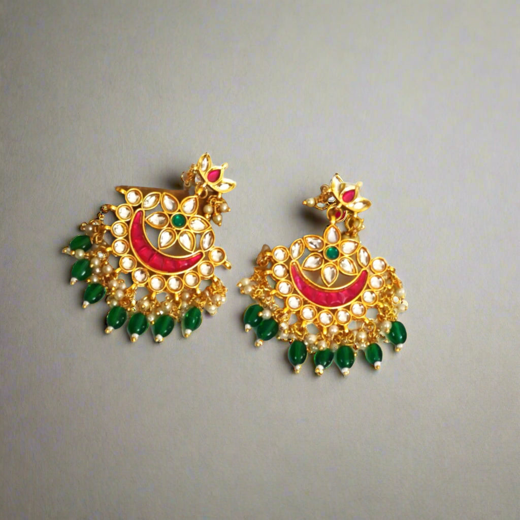 "ANVIKA" Gold Plated Rubi & Emerald Stone Studded Emerald Beaded Chandbali Earrings