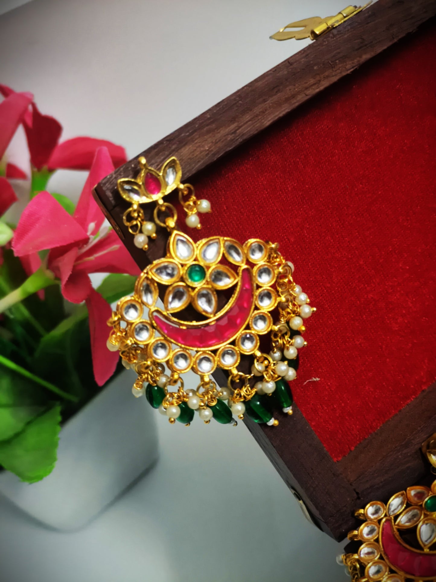 "ANVIKA" Gold Plated Rubi & Emerald Stone Studded Emerald Beaded Chandbali Earrings