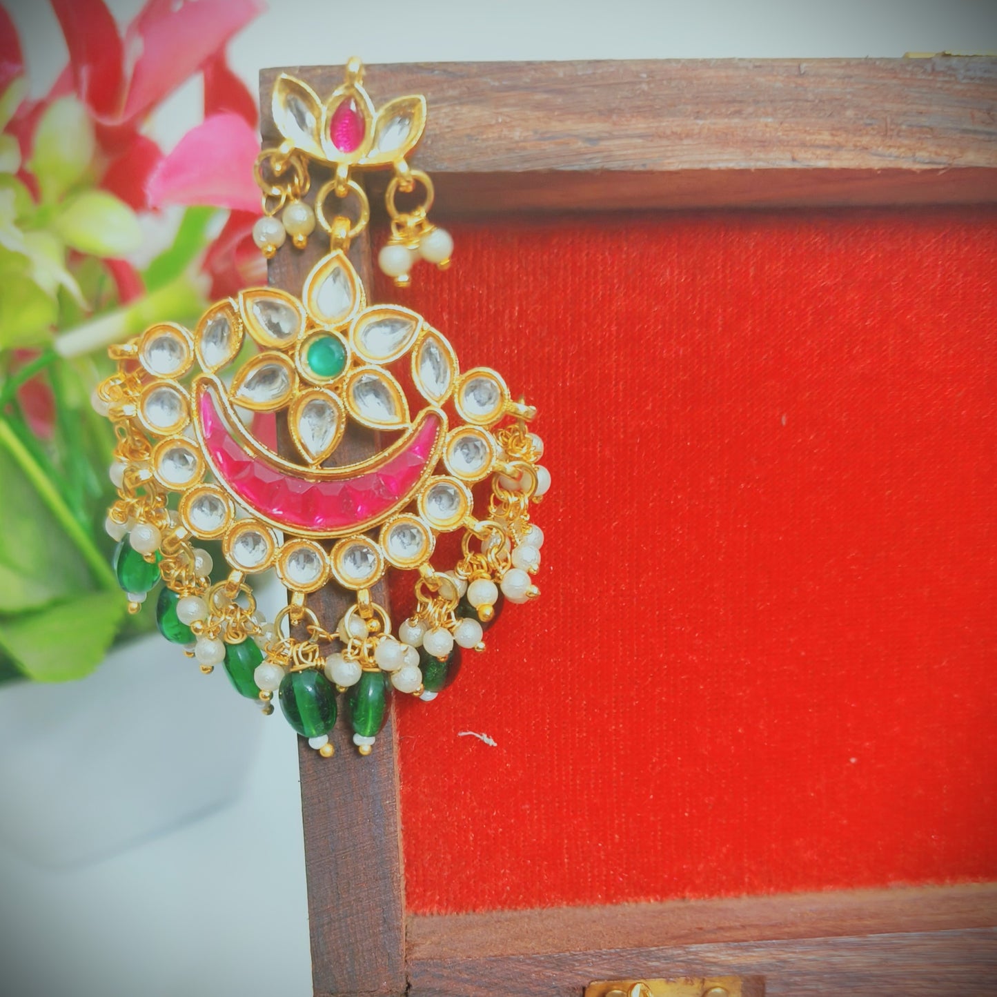 "ANVIKA" Gold Plated Rubi & Emerald Stone Studded Emerald Beaded Chandbali Earrings