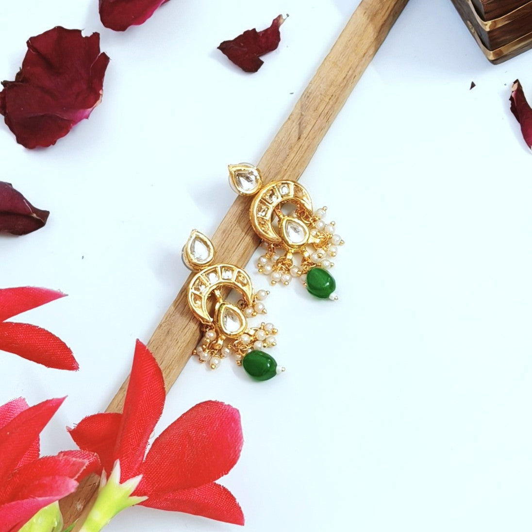 "VANSIKA" Kundan Chand Green Beaded Drop Earrings
