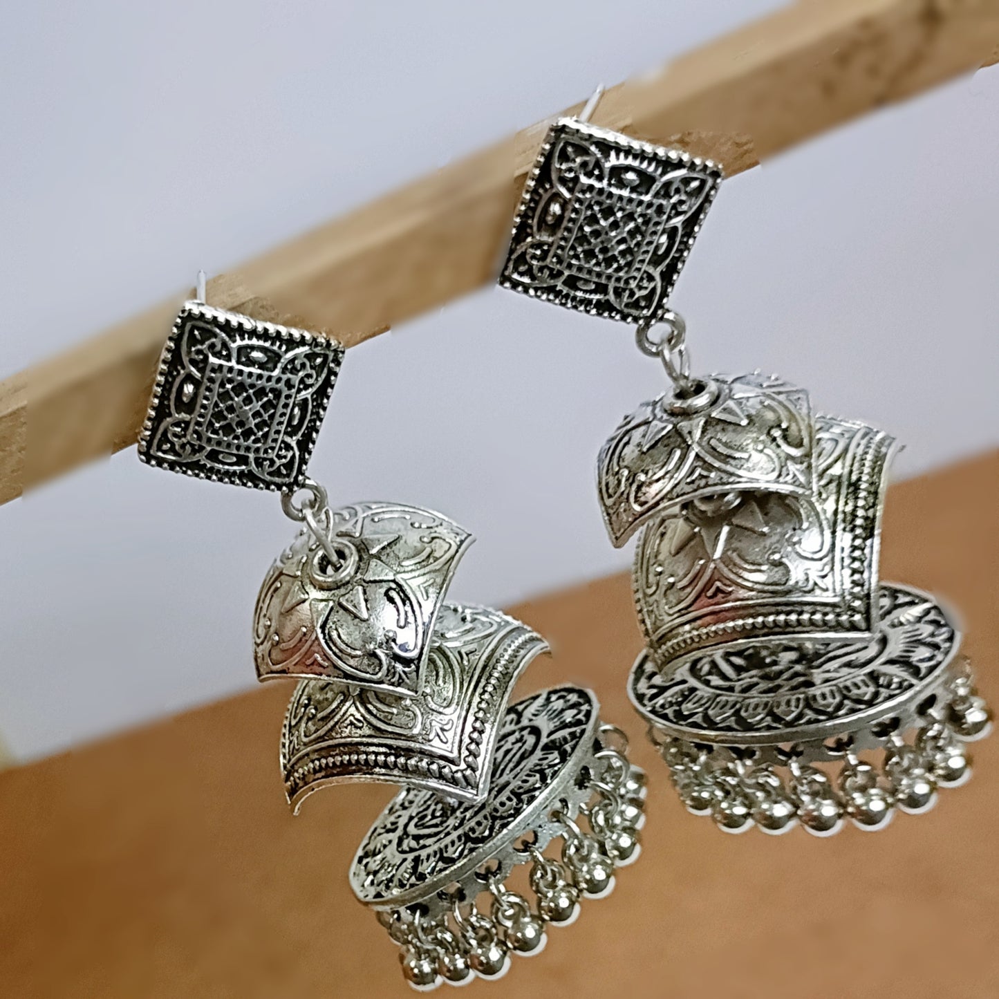 Silver Tone Long 3 layer Jhumka