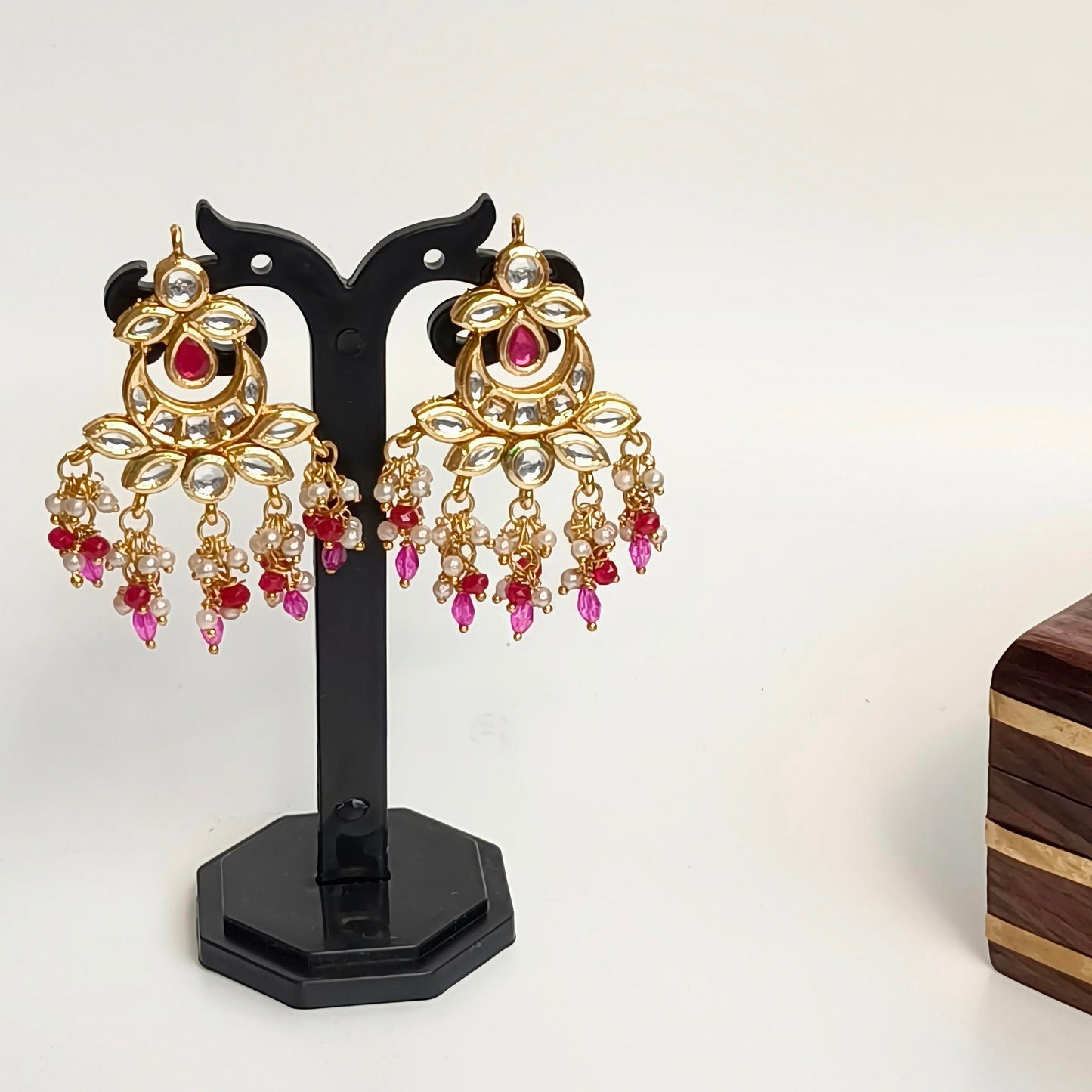 "ANSIKA" Gold Plated Pink Kundan Studed Pearl & Crystal Beaded Chandbali Earrings