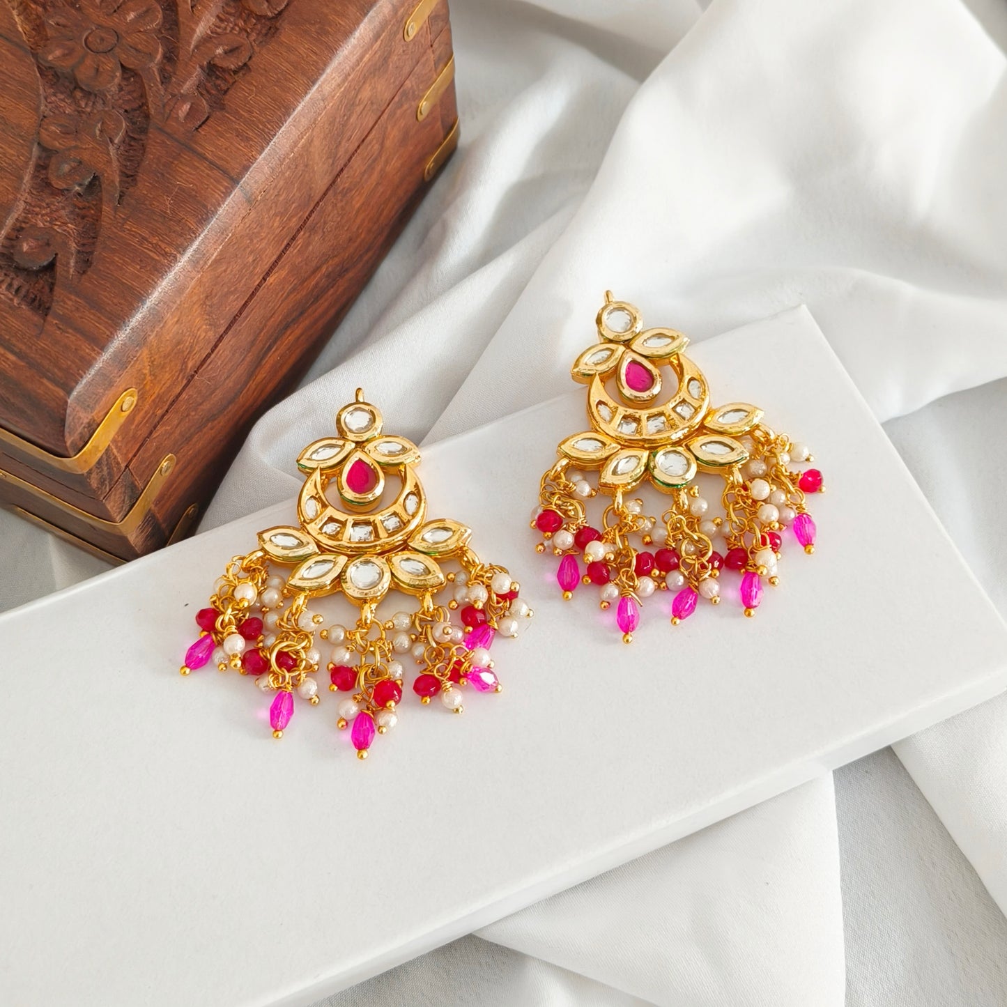 "ANSIKA" Gold Plated Pink Kundan Studed Pearl & Crystal Beaded Chandbali Earrings