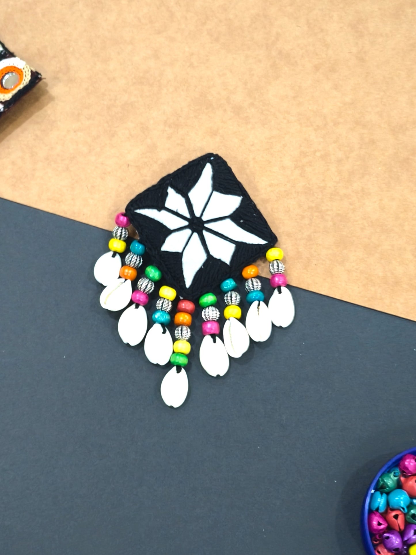 MAYURI BLACK THREAD HAIR PIN WITH CENTER MIRROR ,BEADS & SHELLS