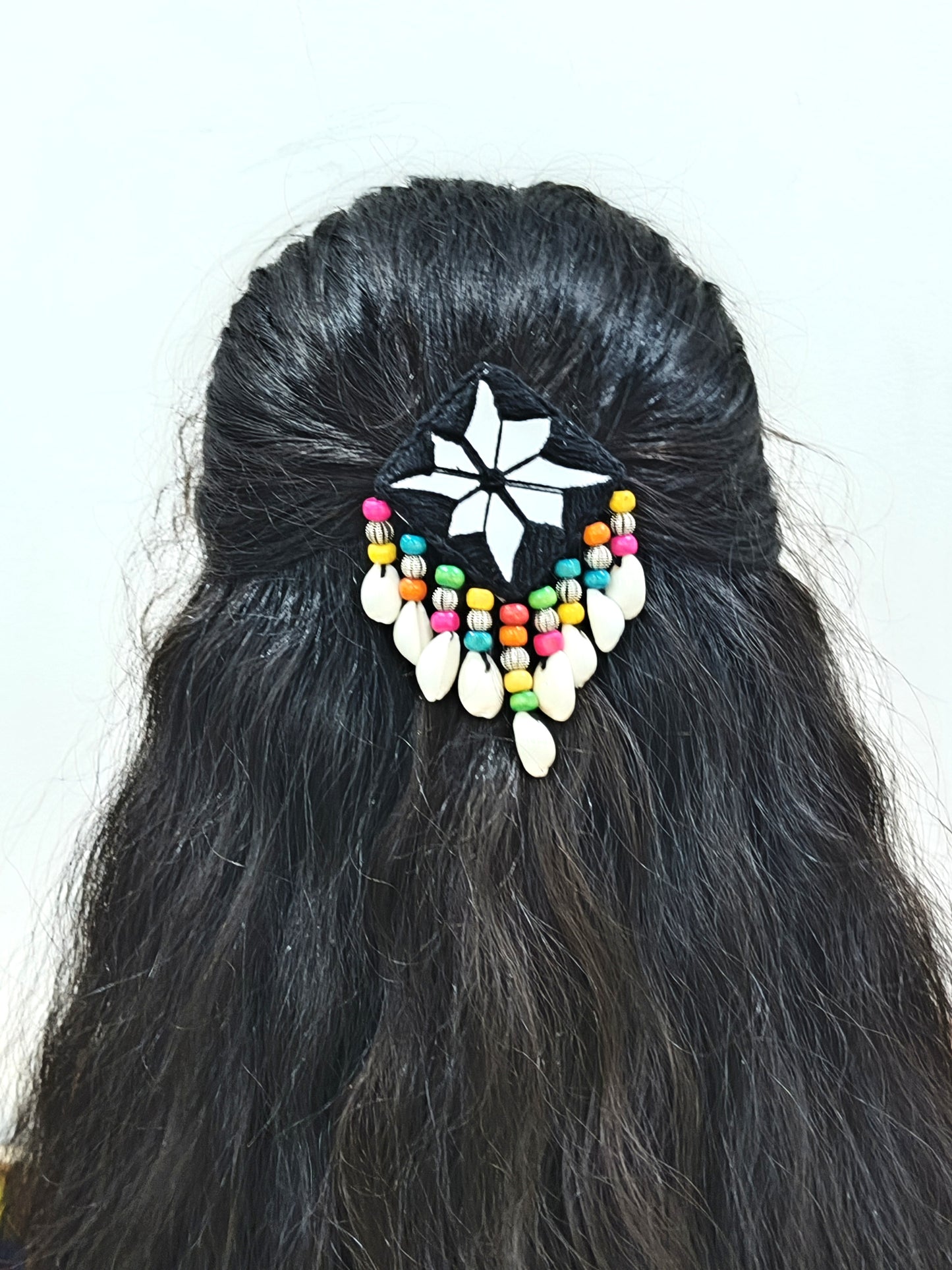 MAYURI BLACK THREAD HAIR PIN WITH CENTER MIRROR ,BEADS & SHELLS