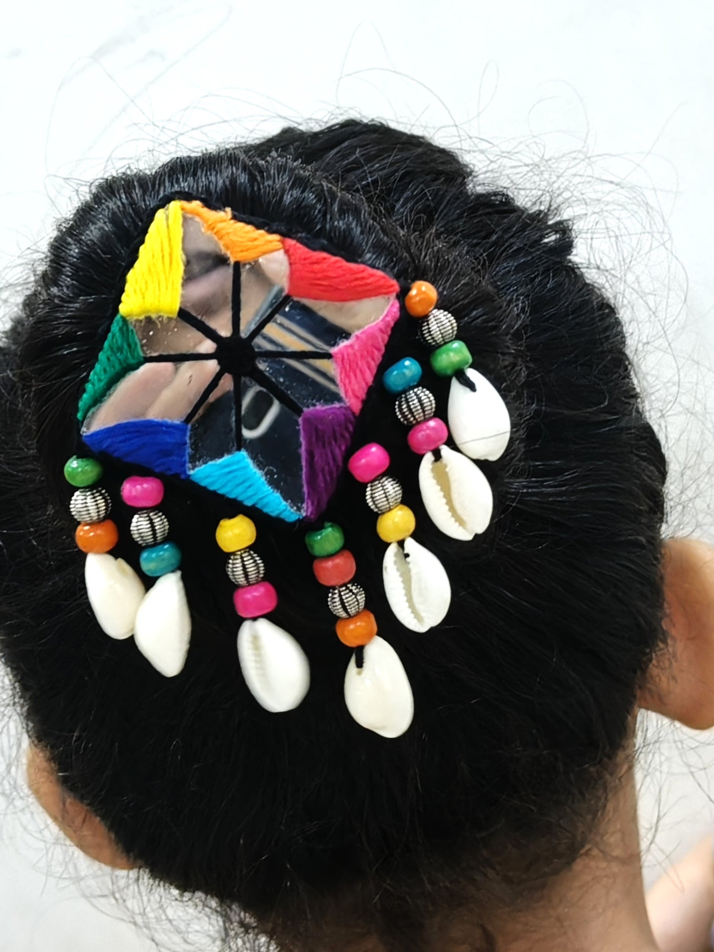 MAYURI RAINBOW THREAD HAIR PIN WITH CENTER MIRROR ,BEADS & SHELLS
