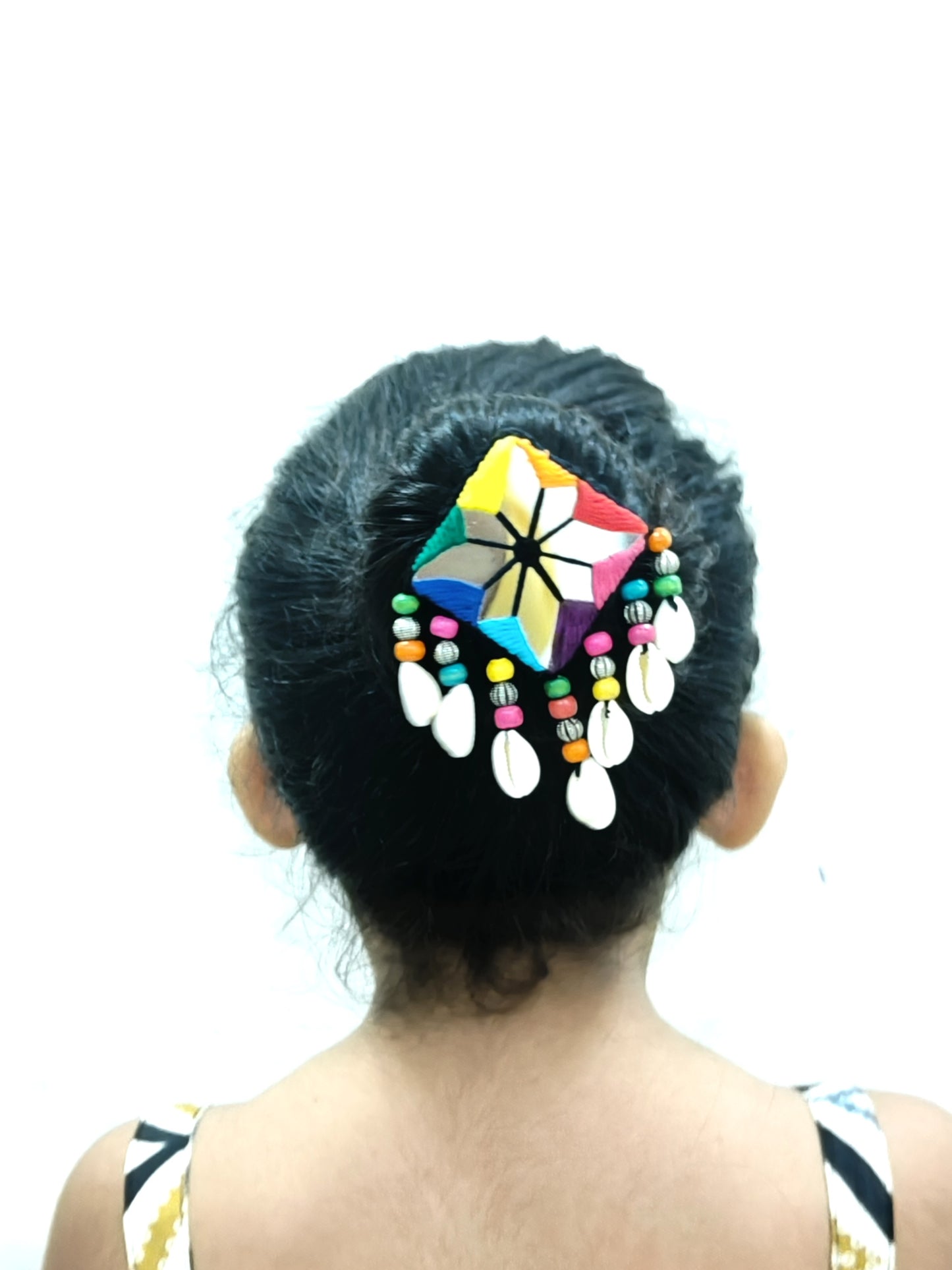 MAYURI RAINBOW THREAD HAIR PIN WITH CENTER MIRROR ,BEADS & SHELLS