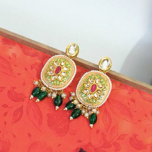 CHARMI" Mint Meenakri Rubi Stone Kundan Studed Green Beded Drop Earrings