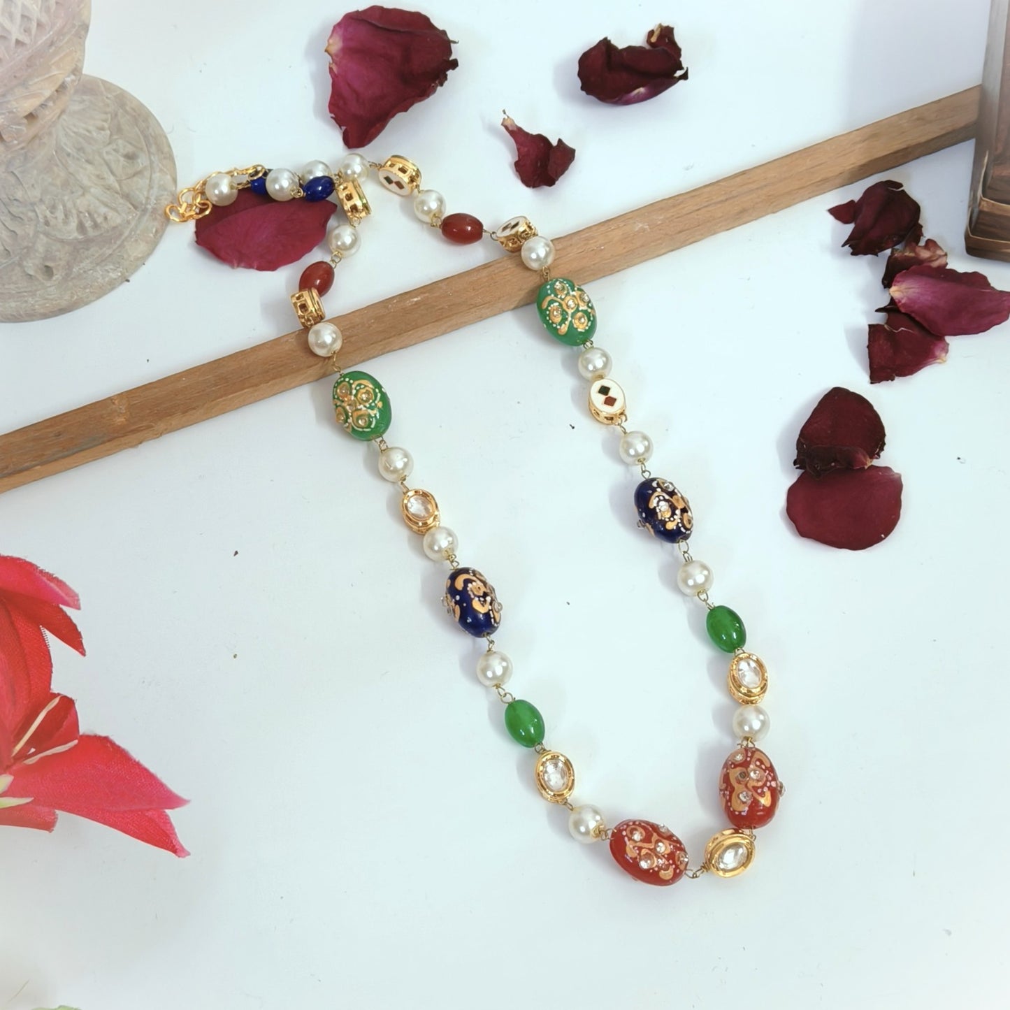 "NAINA"Multicolour Hand-Painted Beads And Pearls Necklace With Kundan Accents
