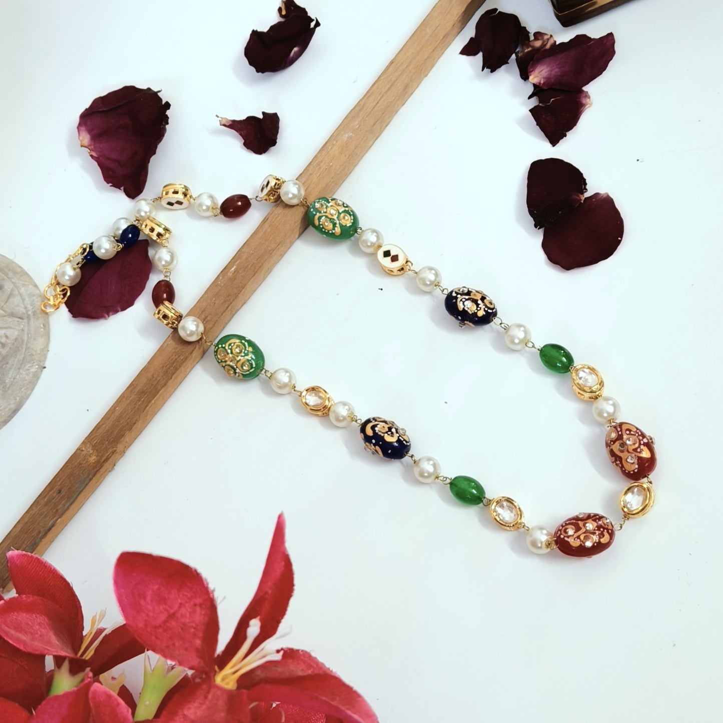 "NAINA"Multicolour Hand-Painted Beads And Pearls Necklace With Kundan Accents