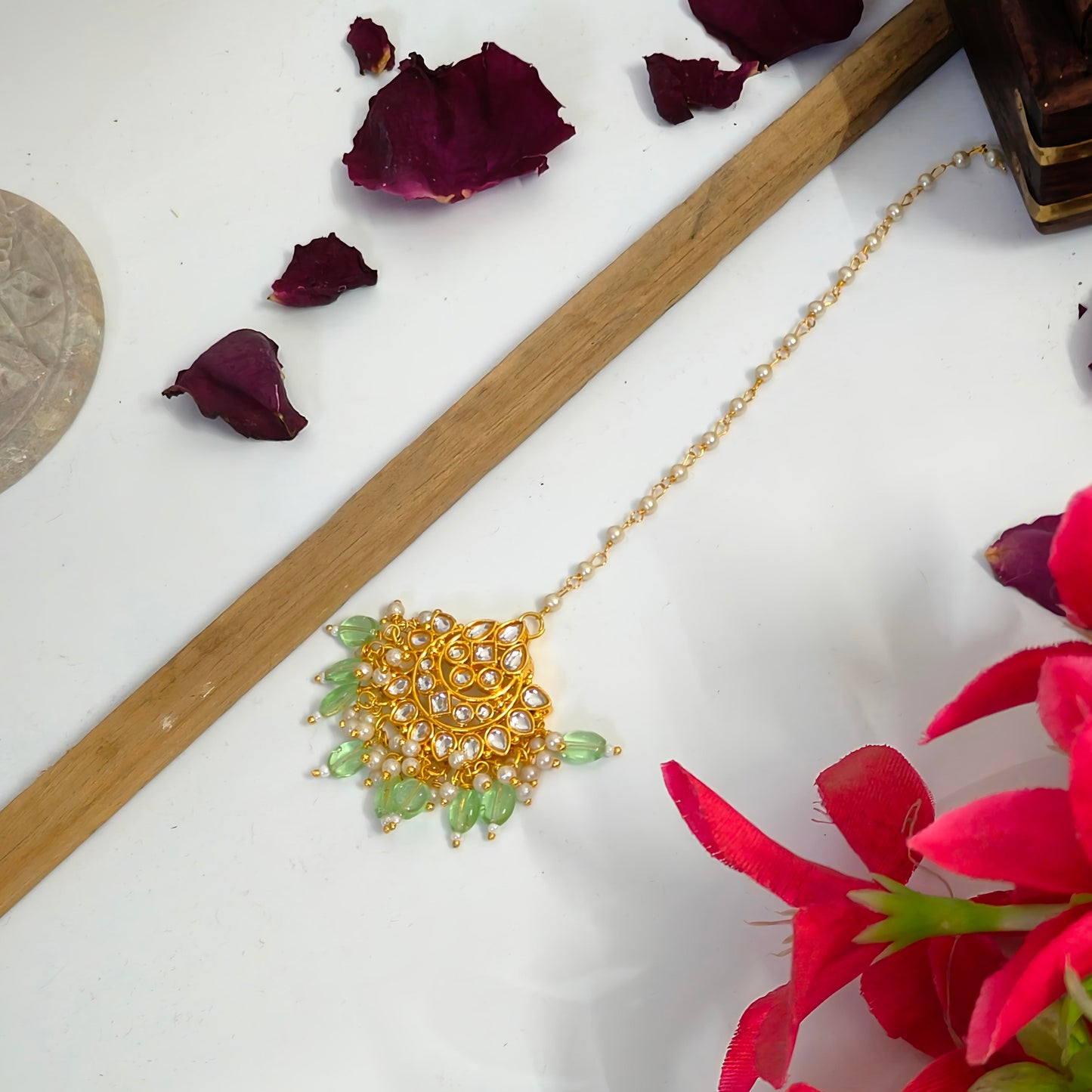 "MINA" Gold plated Kundan Chand Mangtikka with Mint Drops