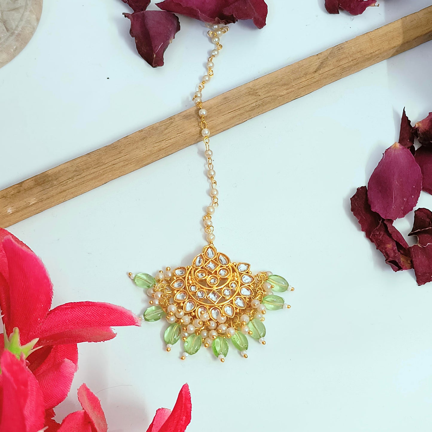 "MINA" Gold plated Kundan Chand Mangtikka with Mint Drops