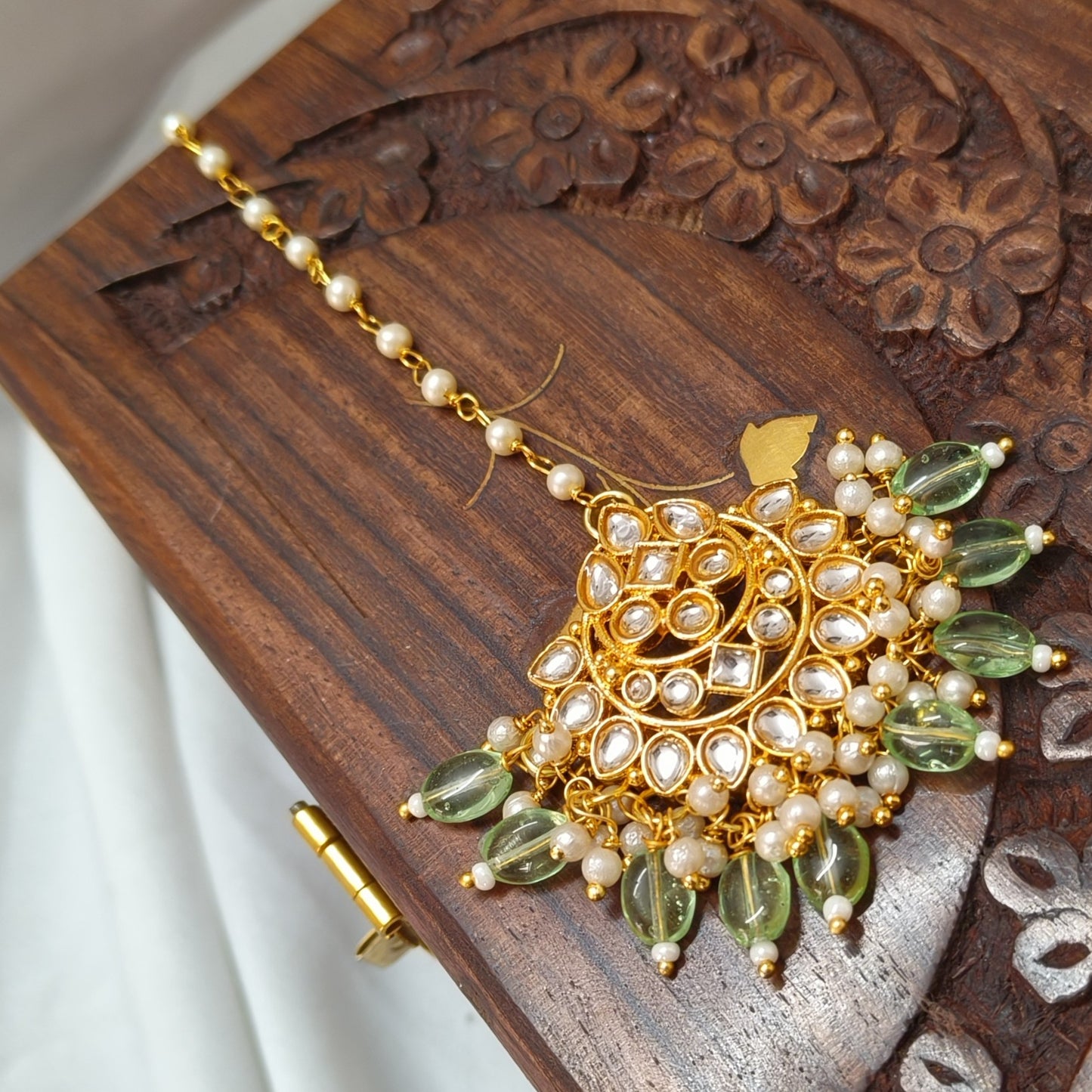 "MINA" Gold plated Kundan Chand Mangtikka with Mint Drops