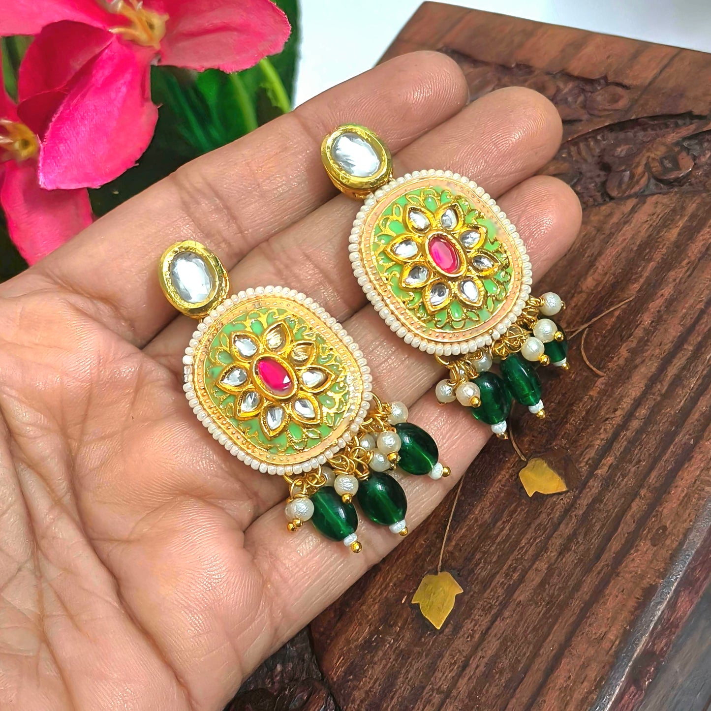 CHARMI" Mint Meenakri Rubi Stone Kundan Studed Green Beded Drop Earrings