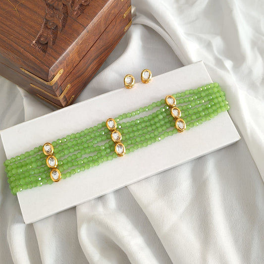 "PARTIKA" Gold Plated Kundan and Mint Crystal Beads Necklace Set