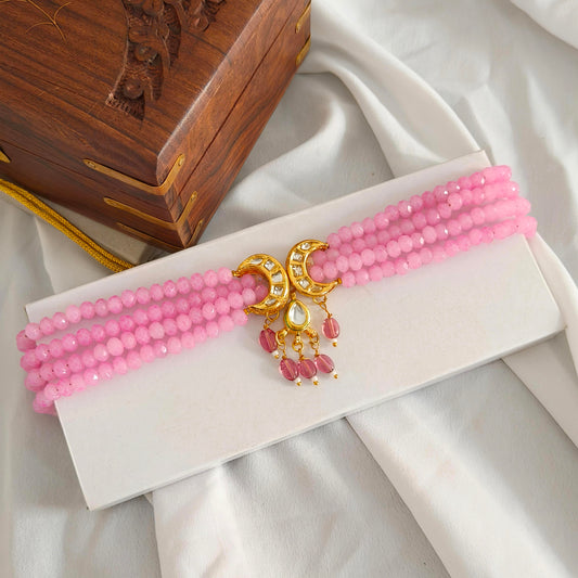 "GULABO" Gold Plated Chand Kundan studed Pink Crystal Beads Necklace Set