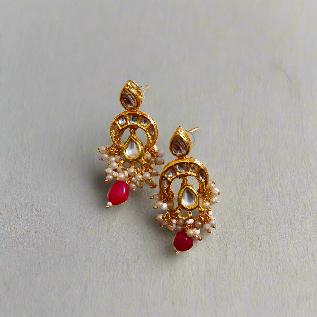 "VANSIKA" Kundan Chand Pink Beaded Drop Earrings