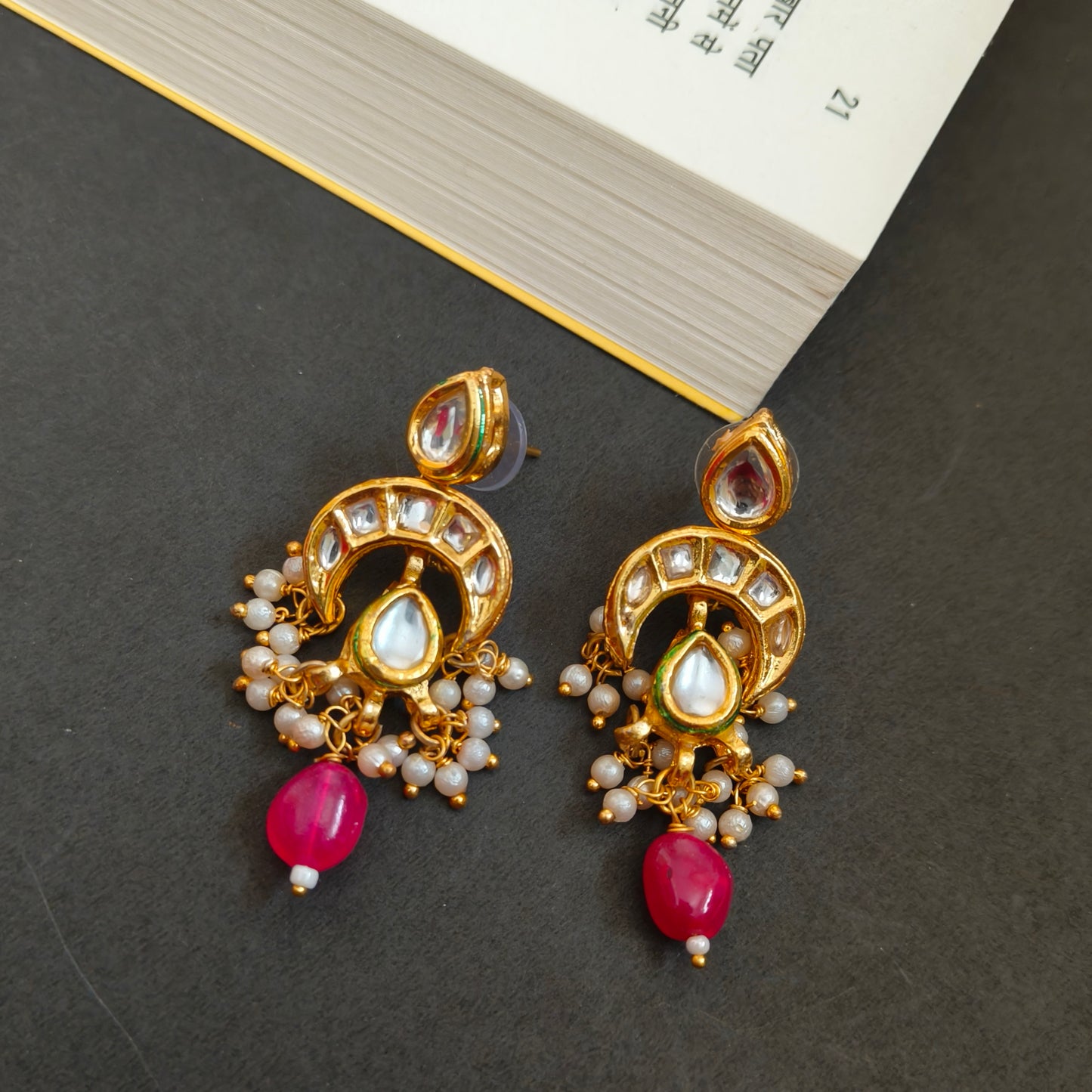 "VANSIKA" Kundan Chand Pink Beaded Drop Earrings