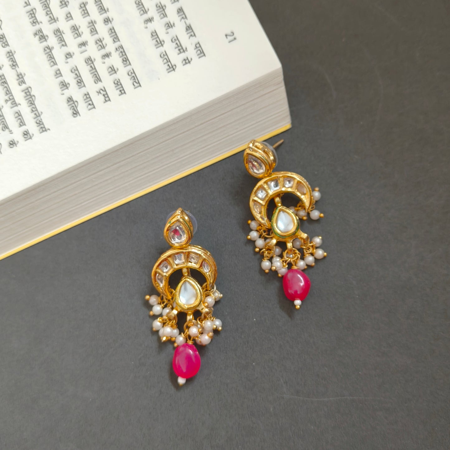 "VANSIKA" Kundan Chand Pink Beaded Drop Earrings
