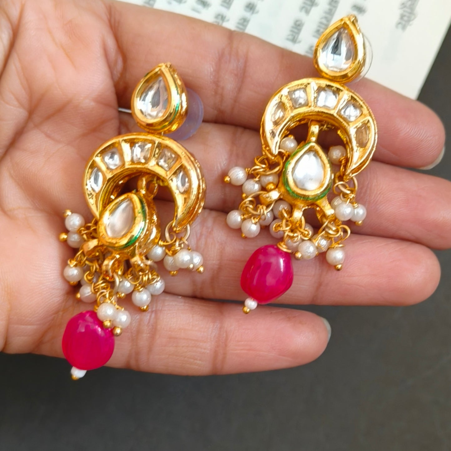 "VANSIKA" Kundan Chand Pink Beaded Drop Earrings