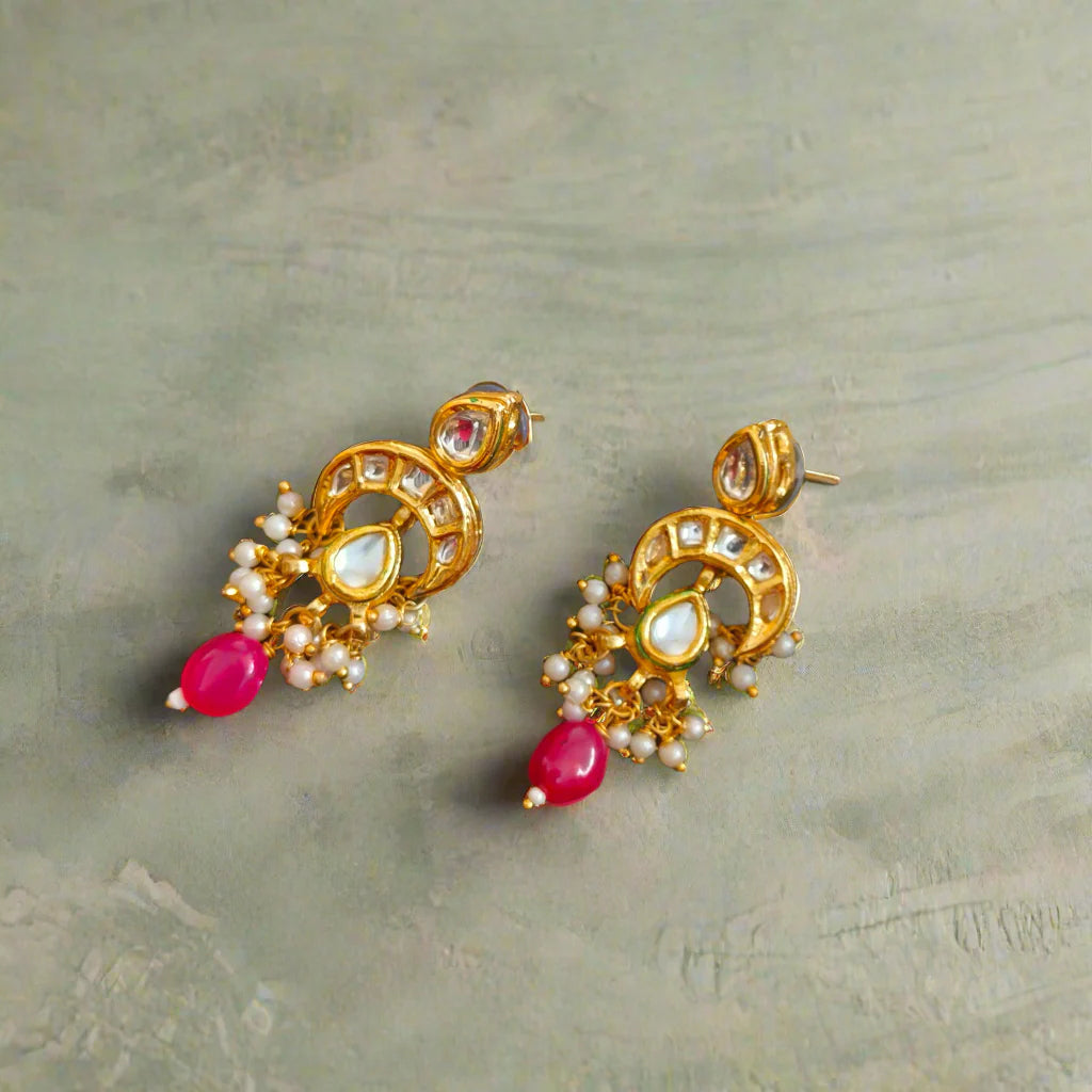"VANSIKA" Kundan Chand Pink Beaded Drop Earrings