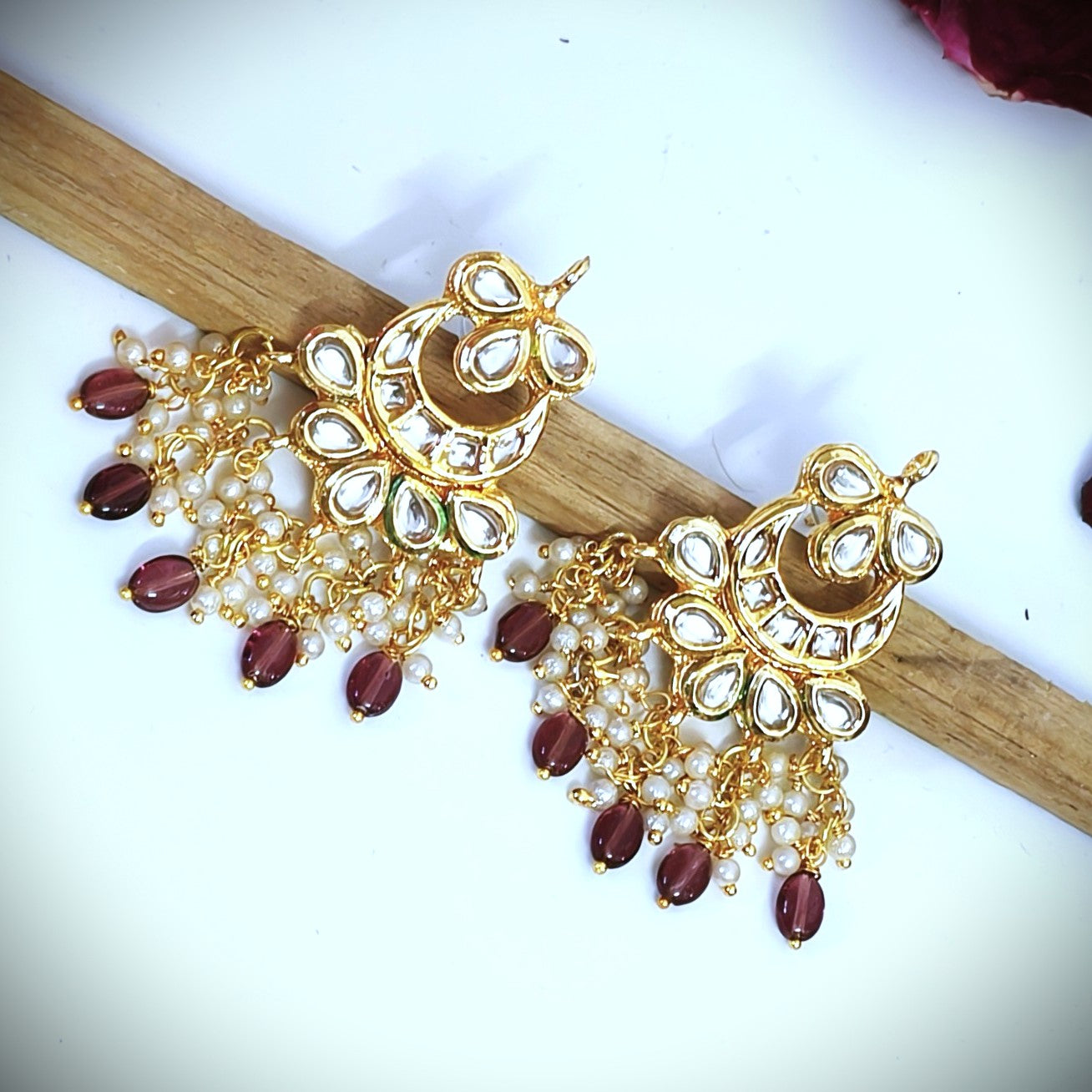 "ANSIKA" Gold Plated Kundan Studed Purple Beaded Chandbali Earrings