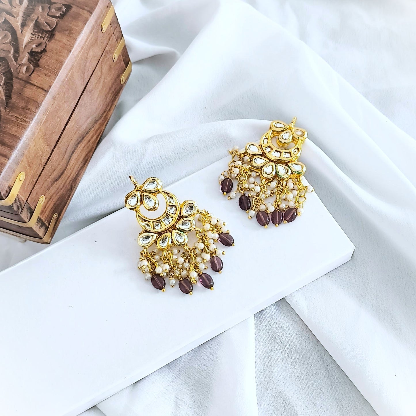 "ANSIKA" Gold Plated Kundan Studed Purple Beaded Chandbali Earrings