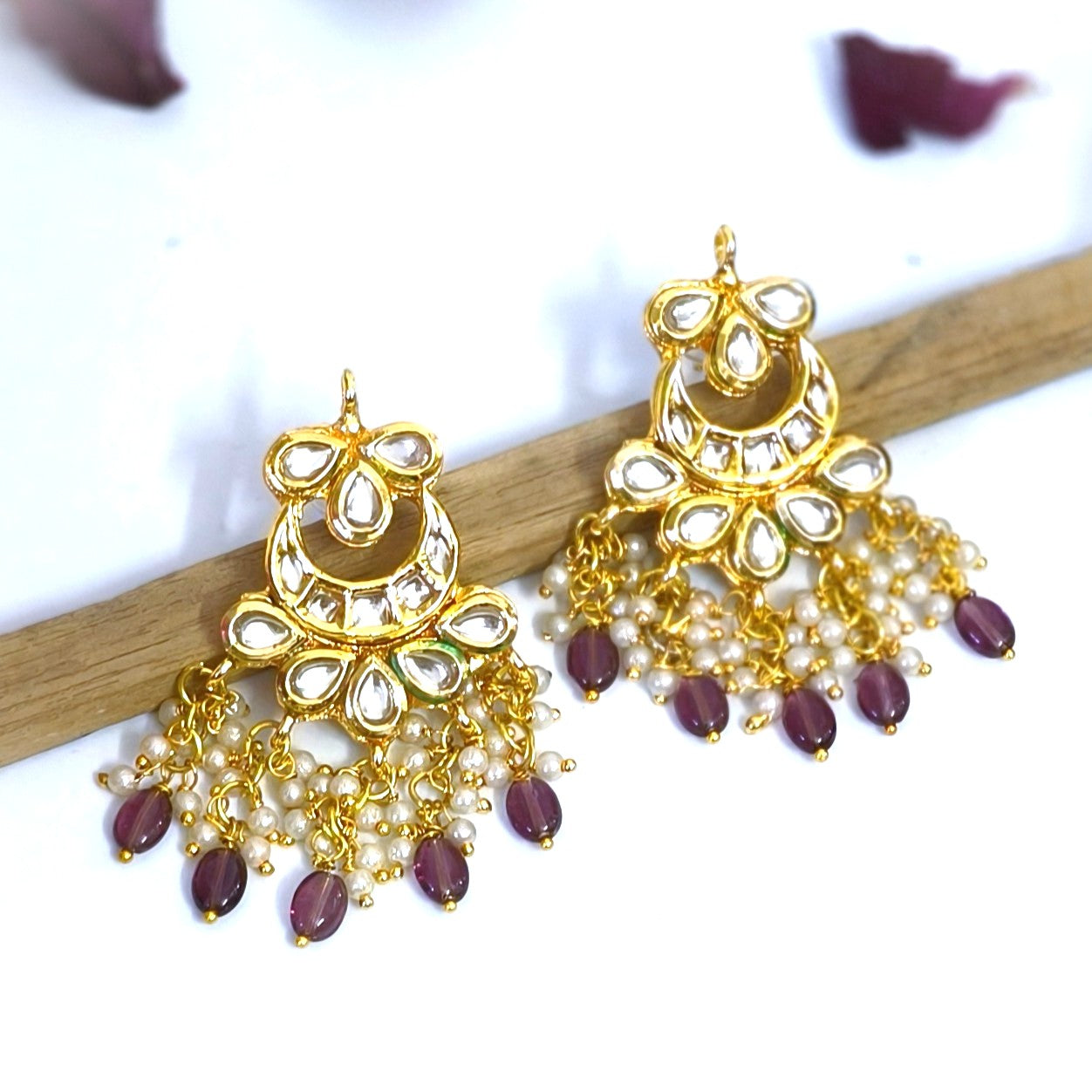 "ANSIKA" Gold Plated Kundan Studed Purple Beaded Chandbali Earrings