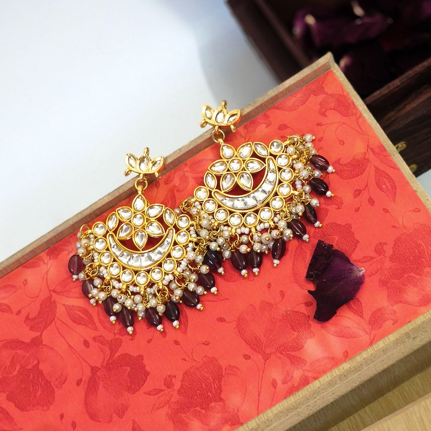 "ANAVI" Gold Plated Kundan Studded Purple Beaded Chandbali Earrings