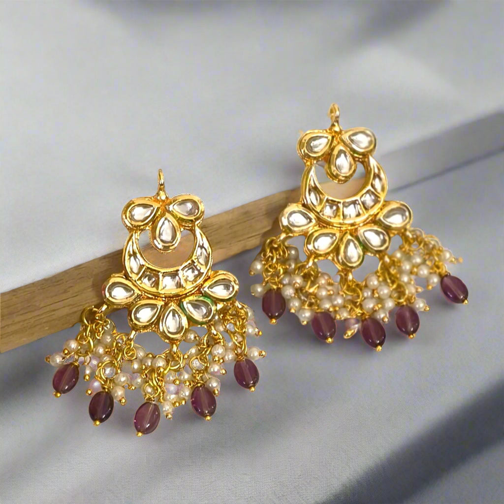"ANSIKA" Gold Plated Kundan Studed Purple Beaded Chandbali Earrings
