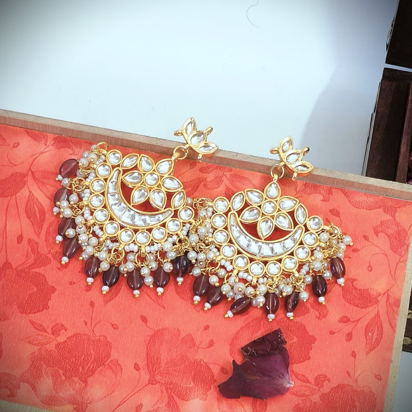 "ANAVI" Gold Plated Kundan Studded Purple Beaded Chandbali Earrings