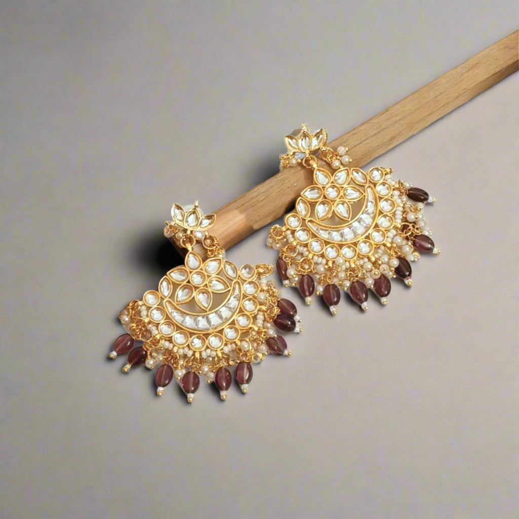 "ANAVI" Gold Plated Kundan Studded Purple Beaded Chandbali Earrings