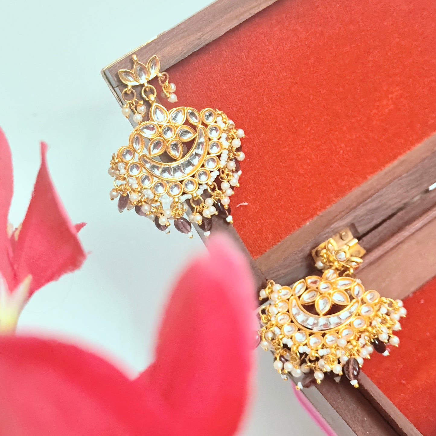 "ANAVI" Gold Plated Kundan Studded Purple Beaded Chandbali Earrings