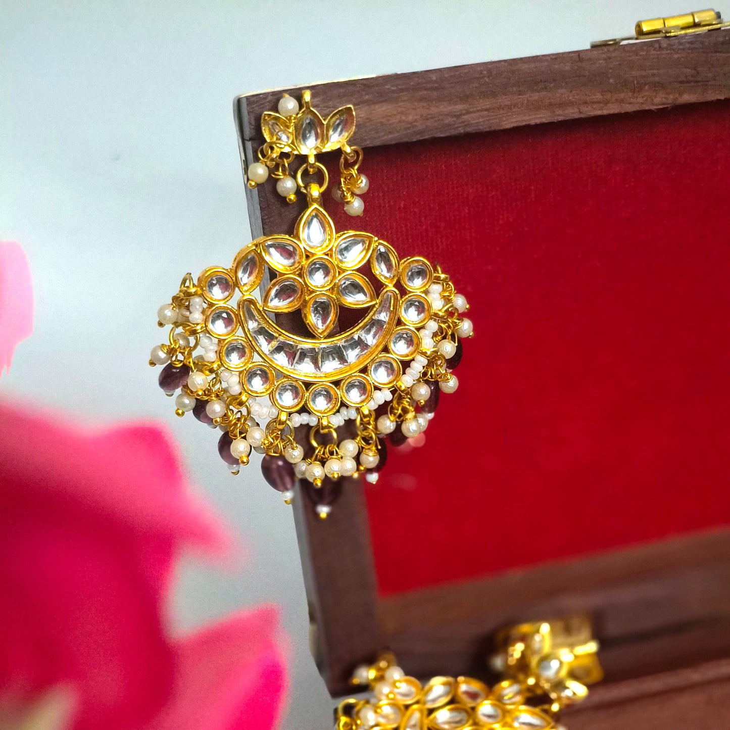 "ANAVI" Gold Plated Kundan Studded Purple Beaded Chandbali Earrings