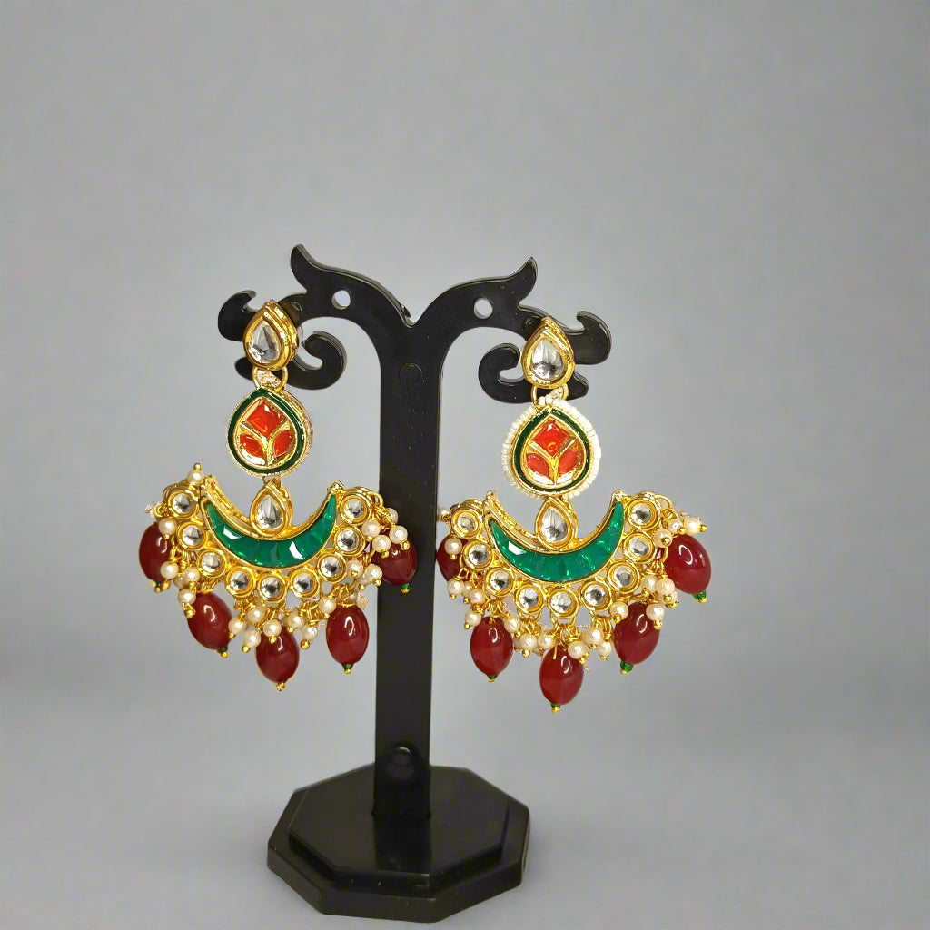 "PAN" Rubi & Green Kundan Studed Red Beaded Chandbali Earrings