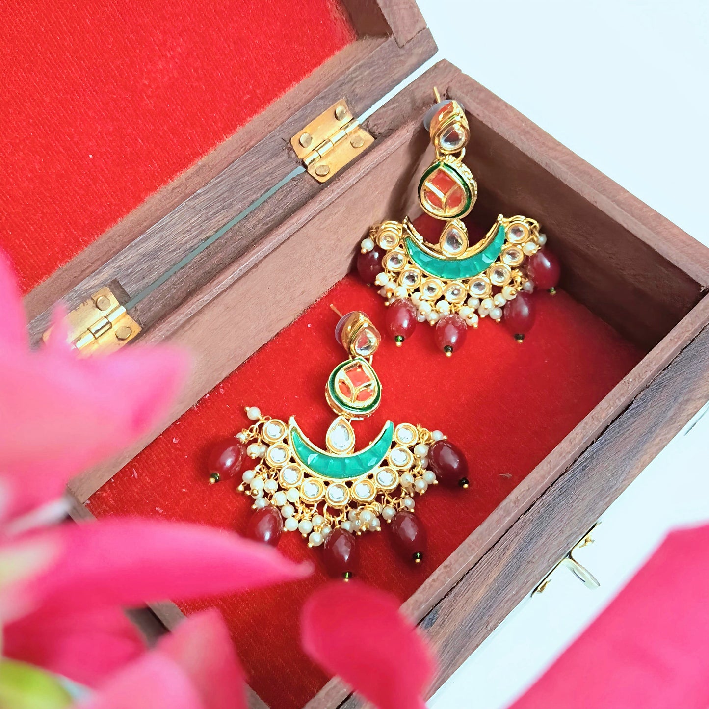 "PAN" Rubi & Green Kundan Studed Red Beaded Chandbali Earrings